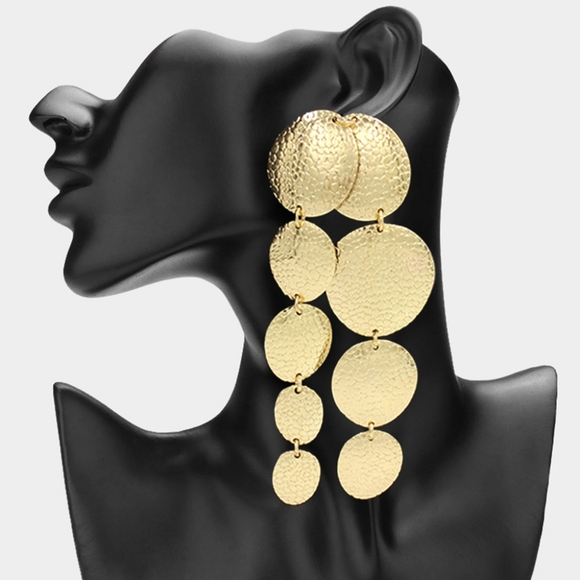 Oversized Gold Hammered Dangle Bold Disc Multi Drop Earrings Statement Accessory - Picture 1 of 2
